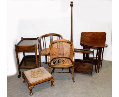 Two beech caned bergères,&nbsp; an oak tea trolley, turned walnut standard lamp, etc  