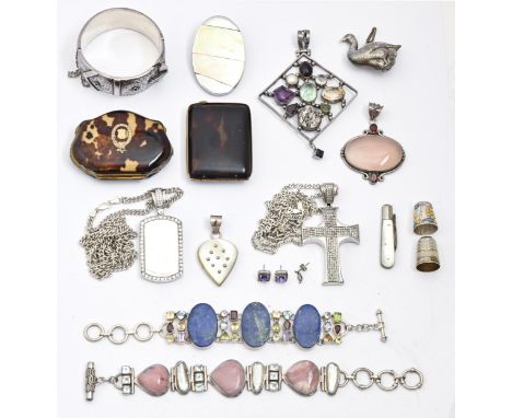 A silver buckle bangle, two tortoiseshell purses, miscellaneous lapis and other gem set silver jewellery, etc  Generally good