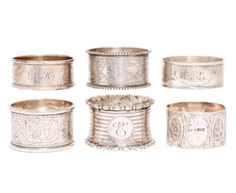 Six Edwardian and George V silver napkin rings, by various makers, 3oz 18dwt  Good condition