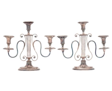 A pair of Victorian neoclassical revival EPNS lyre candelabra, nozzles, 33cm h  Localised wear to plating