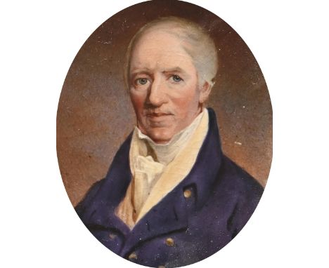 John Simpson (1811-after 1871) - Portrait Miniature of a Gentleman, in a white stock, primrose waistcoat and blue coat, paint