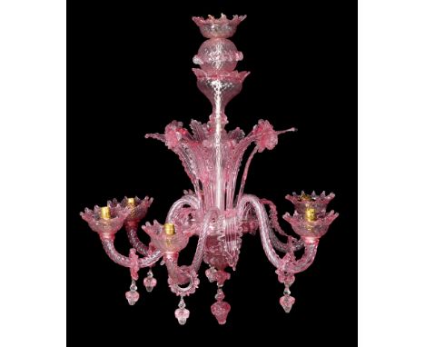 A Venetian pink glass chandelier, first half 20th c,&nbsp;of six lights, 80cm h  Only the odd minute chip that is hardly noti
