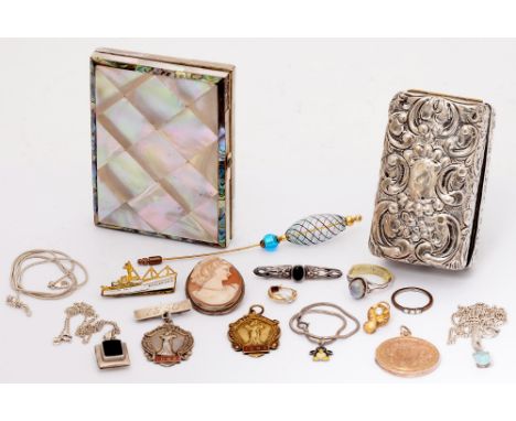 A Victorian mother-of-pearl card case, two silver watch fob shields, one gilt, a cameo brooch in silver, a Victorian silver c