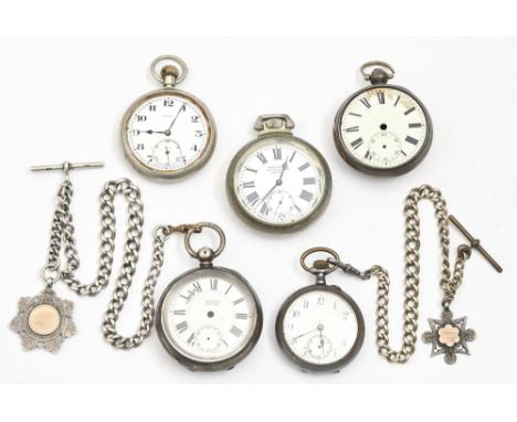 A silver albert, T-bar and two watch fob shields, early 20th c, albert 36cm l, links individually marked, two contemporary si