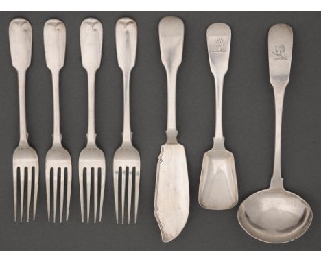 Seven articles of Irish George III-Victorian silver flatware, Fiddle pattern, including a salt ladle, all Dublin, by various 