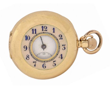 A Swiss 18ct gold half hunting cased keyless lever lady’s watch, c1900, with enamel chapter ring and enamel dial, in plain ca