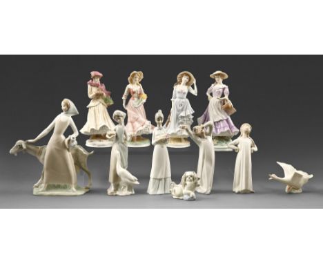 Eleven Lladro, Royal Worcester and Miquel Requena figures and models of a dog and goose, 28cm h and smaller, printed and inci