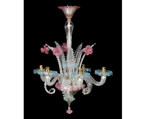 A Venetian coloured glass chandelier, first half 20th c,&nbsp; of five lights, 64cm h  Complete and intact