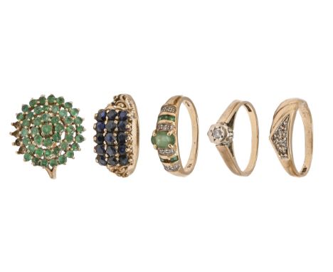 Five gold rings, variously gem set, 10.5g, various sizes  All with light wear consistent with age