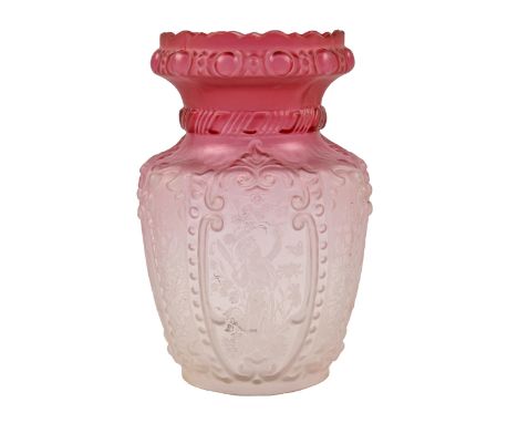 A cranberry glass oil lamp shade, c.1900, moulded with scrolls and etched with children and flowers, 23.5cm h  Very minor chi