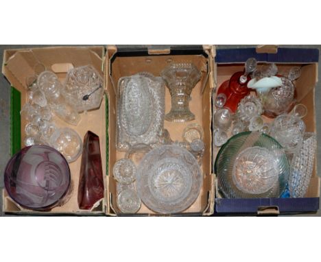 Miscellaneous cut, coloured and other ornamental glassware,&nbsp; to include a semi opalescent trumpet vase, cranberry glass 