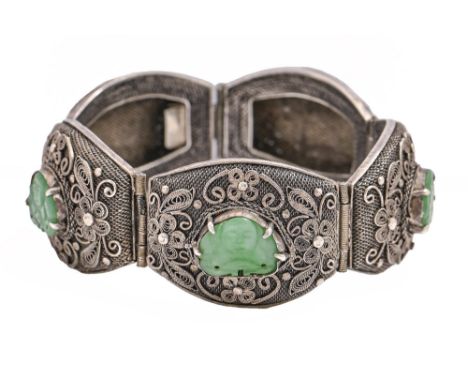 &nbsp;A&nbsp; silver filigree bracelet,&nbsp;&nbsp;&nbsp;of five panels, each set with a jade carving of Budai, 16.5cm l, 42g