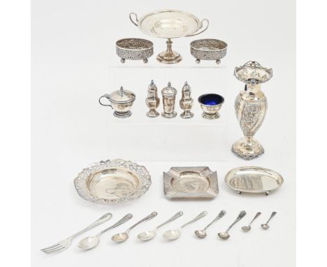 A George V wrythen fluted silver vase, with pierced rims, 18cm h, marks rubbed, Birmingham c1910 and miscellaneous other smal