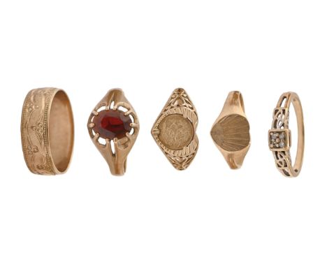 Five gold rings, two gem set, 9g, various sizes  Light wear consistent with age
