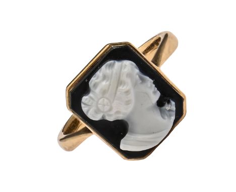 A hardstone cameo ring, the gold hoop possibly associated and marked 9ct, 2.8g, size J  Cameo very slightly chipped near trun