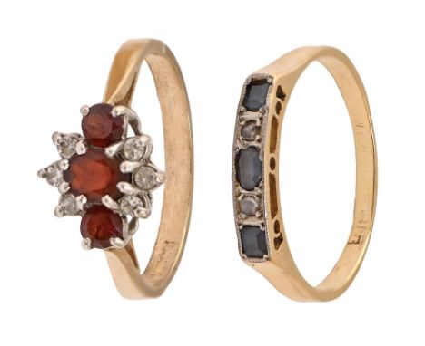 A sapphire and diamond ring, with step cut sapphires, in gold, 2.1g, size M and another gem set ring, in 9ct gold, 2.2g (2)  