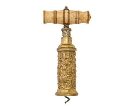 An English Thomason 1802 Patent double-action corkscrew, mid 19th c, with gilt lacquered fruit and vine barrel, reeded collar