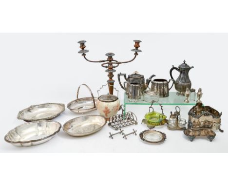 Miscellaneous plated ware, Victorian and later,&nbsp;to include a Victorian toast rack, pierced triple decanter stand, incomp