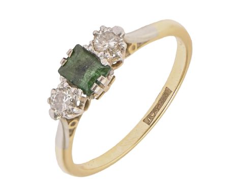 An emerald and diamond ring, gold hoop marked 18ct PLAT, 2.6g, size M  Good condition