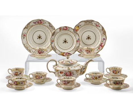 A Coalport moulded tea and coffee service, c.1820-1825, teapot 16.5cm h, gilt pattern 966  Chip to spout and hairline crack t