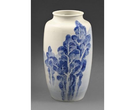 A Japanese blue and white vase, first half 20th c, painted with a landscape, 34cm h, signed  