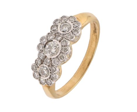 A diamond triple cluster ring, in 18ct gold, London 1990, 4.6g, size R  Good condition