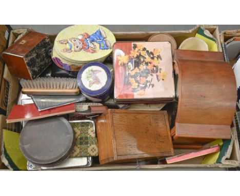 An oak&nbsp; games box,&nbsp; aneroid barometer, decorative tins, reproduction mantle clock, etc  