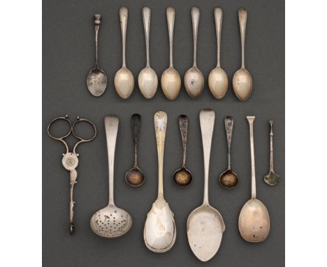 Miscellaneous small silver flatware, late 18th c and later, 5oz 10dwt and a plated spoon  Some damage and wear