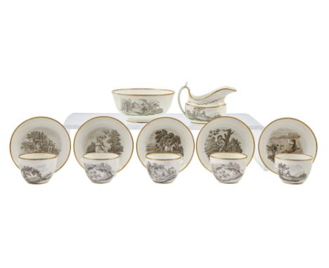 A Spode bat printed tea service, c.1810, slop bowl, 15.5cm diam, pattern No 1922  Hairline crack to teacup, wear to gilding
