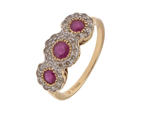 A ruby and diamond triple cluster ring, in 18ct gold, Sheffield 2010, 3.1g, size M  Good condition