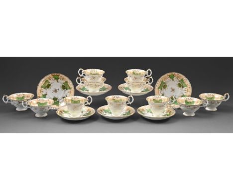 A Samuel Alcock part tea and coffee service, c.1825, saucer 15.5cm diam, pattern number 9316  In good condition.