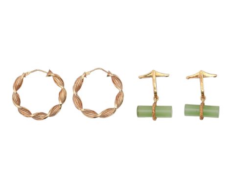 A pair of 9ct gold hoop earrings, twisted ribbon design, 30mm diam, 3.2g and a pair of jade baton cufflinks (4)  Good conditi