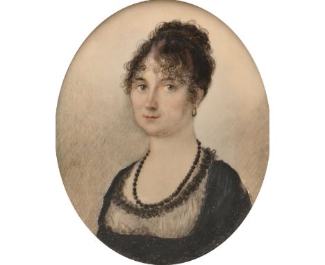 English School, early 19th century - Portrait Miniature of a Young Woman called Susan Perkinshaw, with curly black hair, in b