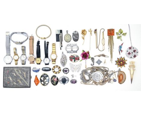 Miscellaneous costume jewellery, Victorian and later, including silver articles, watches and a Middle Eastern metalware cigar