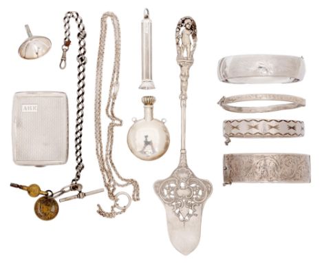 Miscellaneous English and Continental small silver articles, to include a serving slice, four bangles, book match case and ci