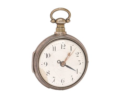 An English pair cased silver verge alarm watch, Robert Tyler, Melton Mowbray, No.7578, with enamelled dial and gold and blued