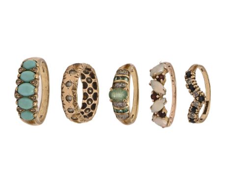 Five gold rings, variously gem set, 10.5g, various sizes  The band ring lacking several stones, all with light wear