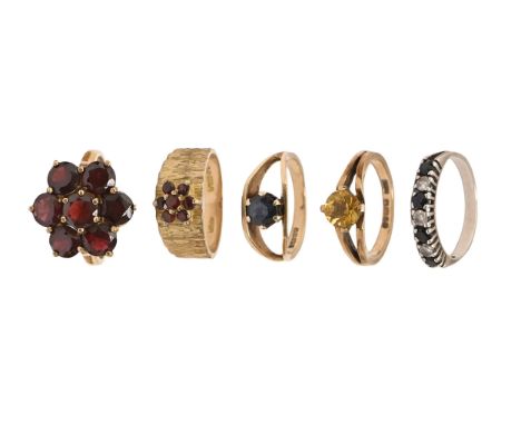Four garnet, citrine and other rings, in 9ct gold, 13.8g, various sizes and another ring (5)  Good condition