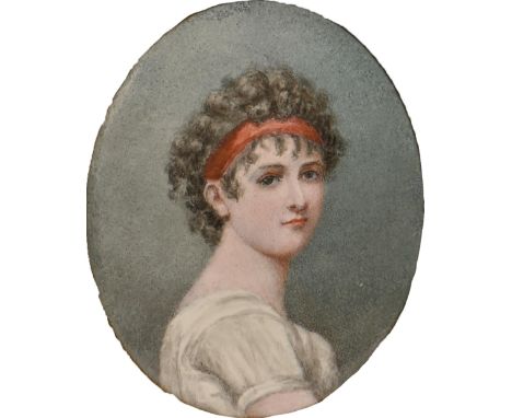 French School, late 19th century - Portrait Miniature of a Young Woman, in a white dress, her curly hair with red bandeau, en