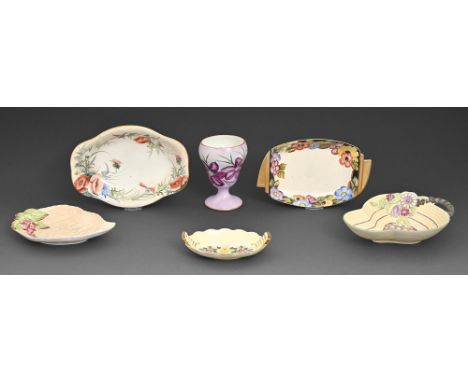Four Carlton Ware dishes and a vase and another dish, c.1920-1950, the largest 17.5cm l, printed marks and various painted ma