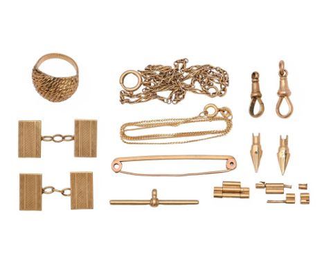 Miscellaneous gold articles, to include a ring and pair of cufflinks, 25g  Some damage