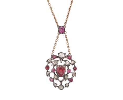 A diamond and foiled ruby openwork pendant, late 19th c, in silver, probably originally part of a larger article, 23mm h, as 