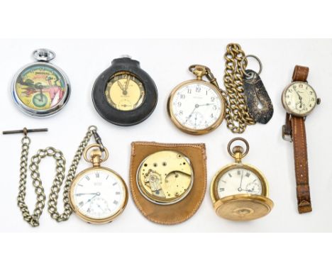 Three Waltham, Vertex and other gold plated keyless lever watches, an Ingersoll Dan Dare chromium plated watch, another and a