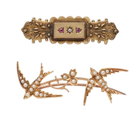 A Victorian chip diamond and synthetic ruby bar brooch&nbsp;in gold, 41mm l, marked 15ct and a split pearl swallows-and-cresc