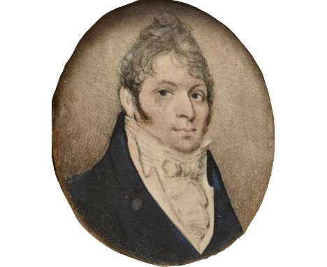 English School, early 19th century - Portrait Miniature of a Young Man, in white stock and navy coat, ivory, oval 60mm, in a 