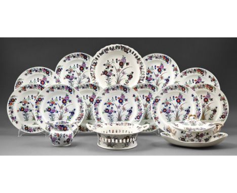 A Spode Chinese Flowers pattern earthenware dessert service, c.1820, including a pierced basket and stand and sauce tureen an