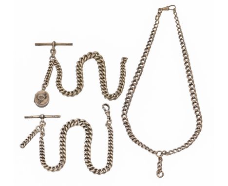 Three silver alberts, c1900, various lengths, links individually marked, 4oz 10dwt  Light wear but undamaged