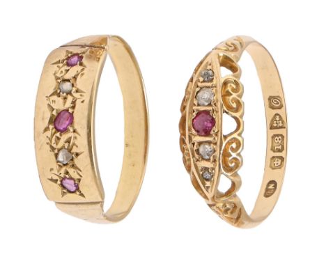 A ruby and diamond ring&nbsp;in&nbsp;18ct gold, Chester 1914 and a similar Victorian ring, gypsy set in gold, later gold hoop