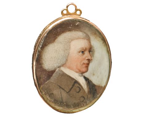 English School, late 18th century - Portrait Miniature of a Gentleman, in white stock, brown coat and powdered wig, ivory, ov
