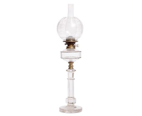 A Victorian brass and cut glass columnar oil lamp, with twin duplex burner and etched glass globular shade, 70cm h including 